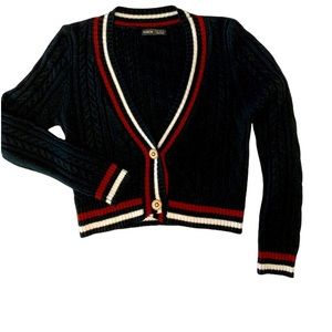 Shein cropped cable knit cardigan, vintage sparkly feature buttons, stripe trim